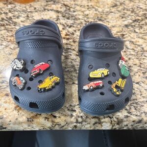 CROCS Navy Clogs with Colorful Vehicle Charms